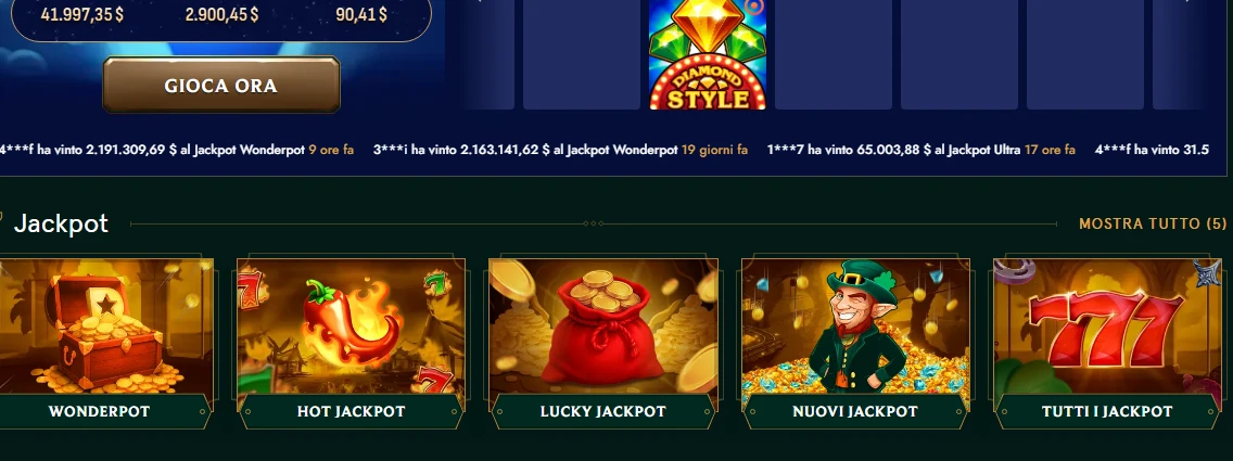 Griglia giochi slot Casinia